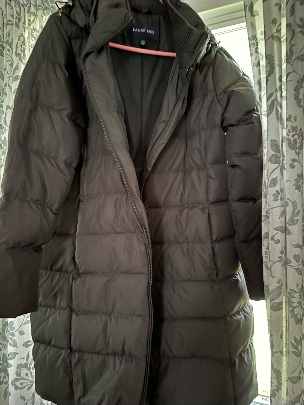 Lands' End Women's Long Black Puffer Coat with Hood